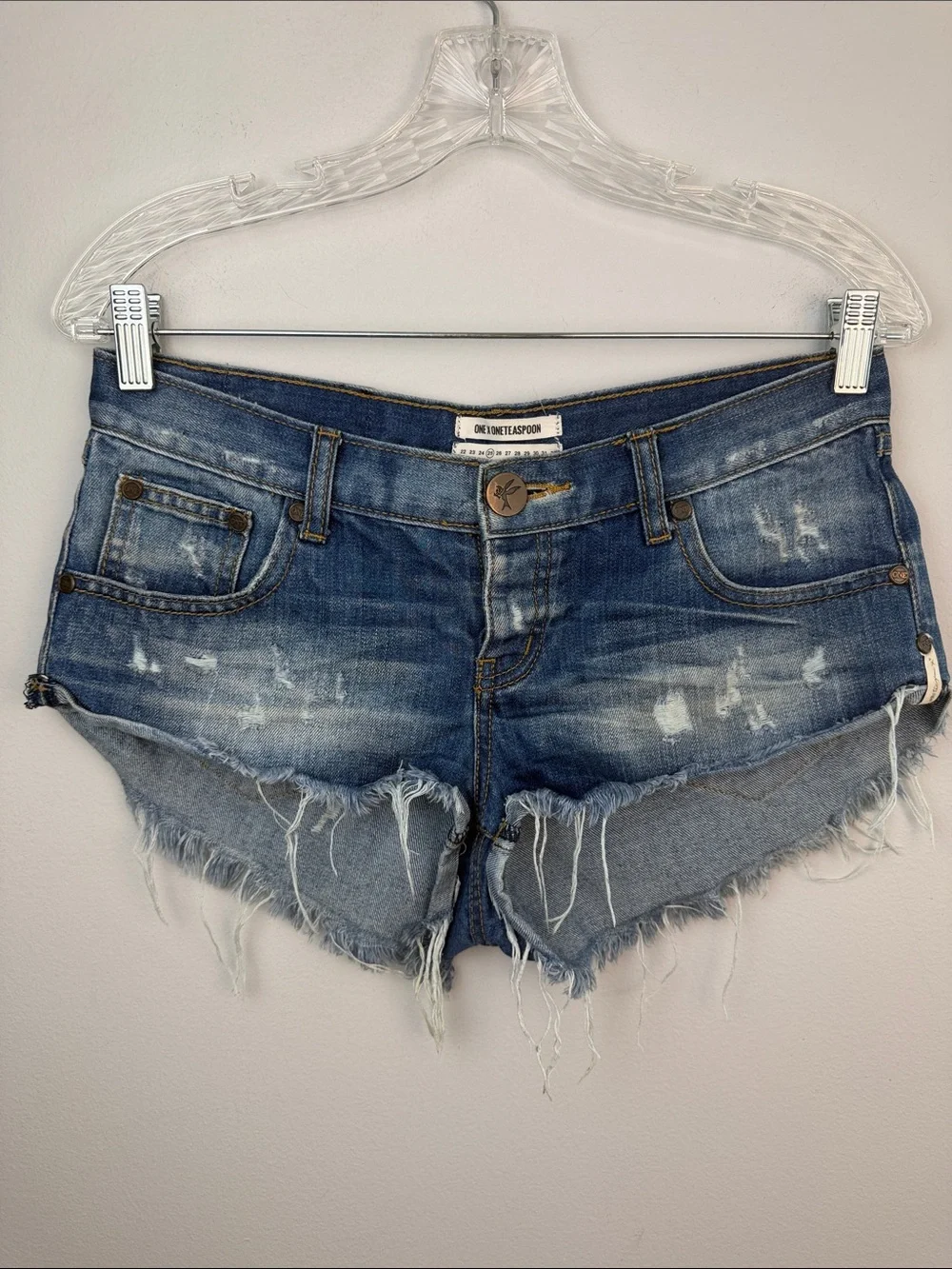 One Teaspoon NO 2’s Low Rise Jean Shorts 8” Rise Raw Curved Hem Sz 25 Distressed